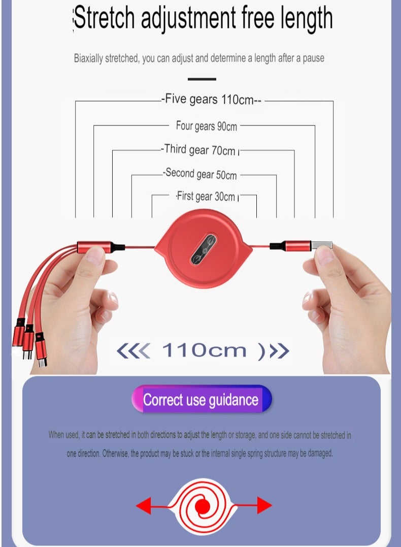 AROAQ 3-in-1 Double-pull Charging Cable, Retractable USB Charging Cable, Fast Charging USB-a To Type-c/micro-USB/lightning, Compatible With Iphone Ipad Samsung Huawei Xiaomi Oppo. (Purple) - Image 3