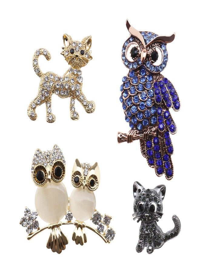 SING F LTD 4PCS Animal Rhinestone Brooch Pin Cute Owl Cat Pattern Lapel Pin Breastpin for Women Girls Wedding Birthday Gift Party Supply 4 Assorted Styles - Image 1