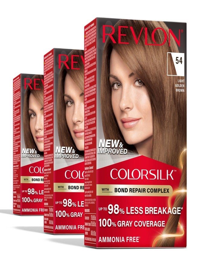 Revlon ColorSilk with Bond Repair Complex, Brown Permanent Hair Color, 100% Gray Coverage, Ammonia Free Hair Dye, Vegan Keratin, 54 Light Golden Brown (Pack of 3) - Image 1