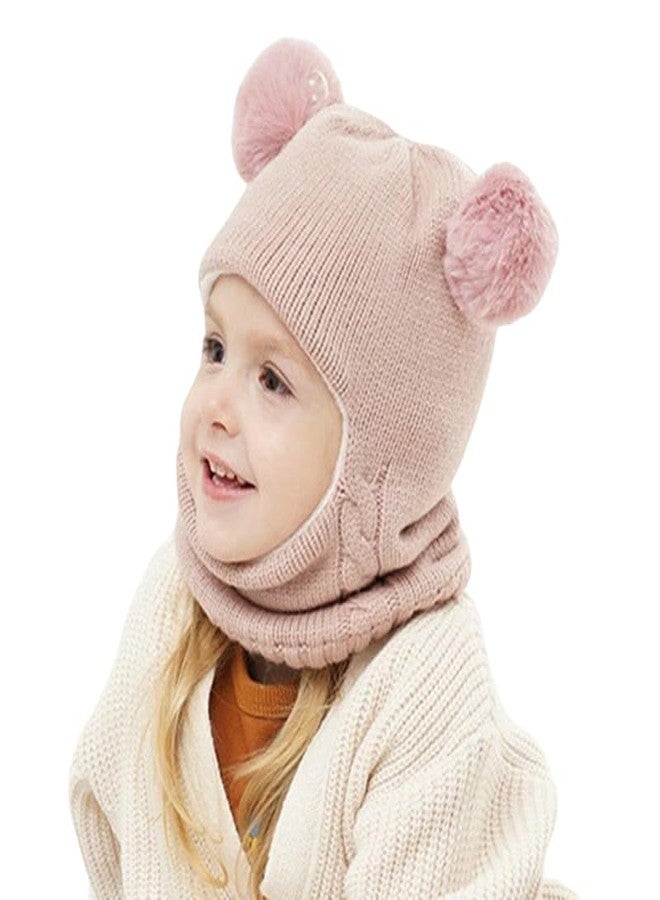 قبعة شتوية محبوكة للأطفال من ريتشمن، بنين وبنات، مصنوعة من الصوف الناعم المخملي، مزينة بفرو على شكل قرد | قبعة شتوية للأطفال للجنسين مزينة بكرة صوفية (من عمر سنة إلى 7 سنوات) (لون وردي) - Image 1