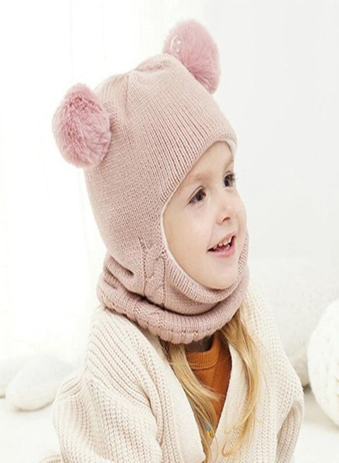 قبعة شتوية محبوكة للأطفال من ريتشمن، بنين وبنات، مصنوعة من الصوف الناعم المخملي، مزينة بفرو على شكل قرد | قبعة شتوية للأطفال للجنسين مزينة بكرة صوفية (من عمر سنة إلى 7 سنوات) (لون وردي) - Image 3