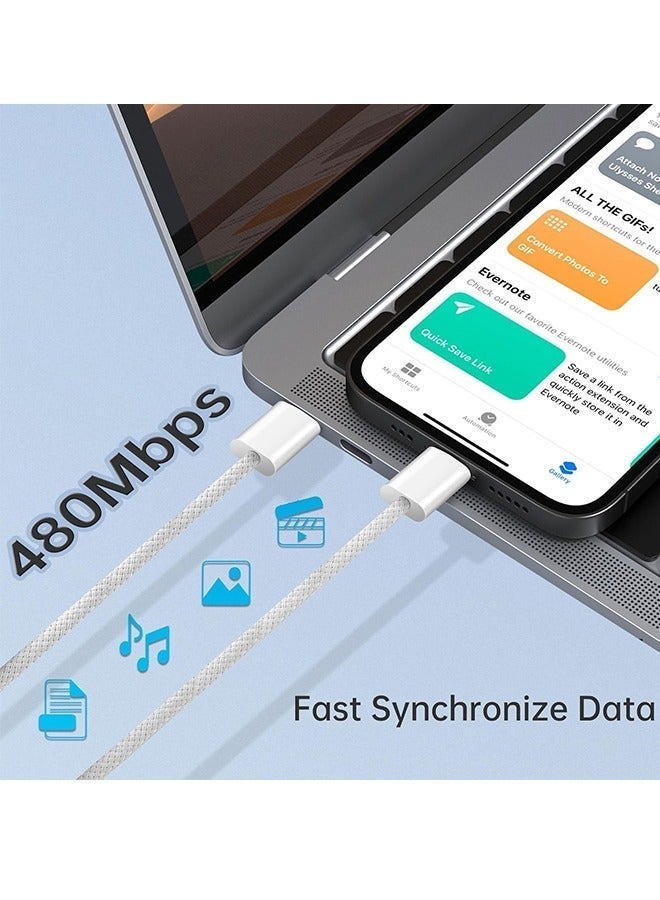 فلوينغ كيبل USB سي إلى مضفر 60 واط سلك شحن أسرع لتوصيل الطاقة بطول 1 متر متوافق مع ايفون 15 15 برو 15 بلس 15 ماكس ايباد ميني ماك بوك اير أبيض - Image 3