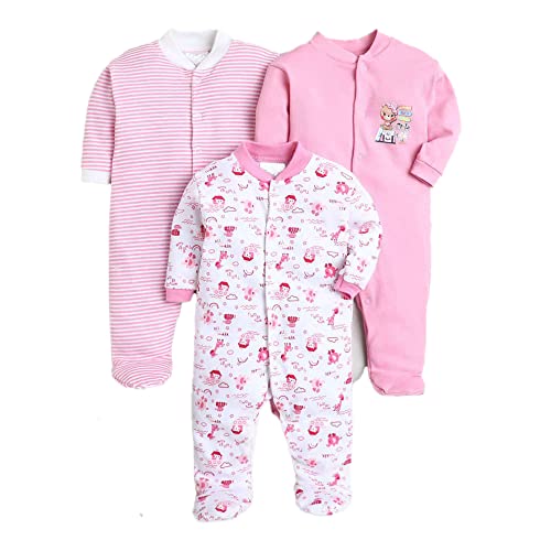 EIO 100% Cotton Baby Rompers Sleepsuits Jumpsuits Night Suits for Newborn Baby Boys & Girls | Soft Infant Bodysuit | Pack of 3 Kids Rompers Light Pink - Image 1