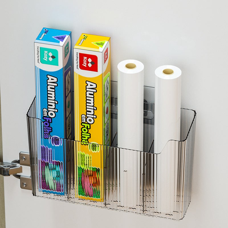 Cabinet Door Storage Box Punch-Free Wall-Hanging Storage Rack Partition Storage Film Tin Paper Storage Kitchen Storage Rack(Transparent Medium, Complimentary adhesive, drain design) - Image 2