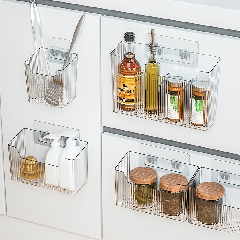 Cabinet Door Storage Box Punch-Free Wall-Hanging Storage Rack Partition Storage Film Tin Paper Storage Kitchen Storage Rack(Transparent Medium, Complimentary adhesive, drain design) - Image 3
