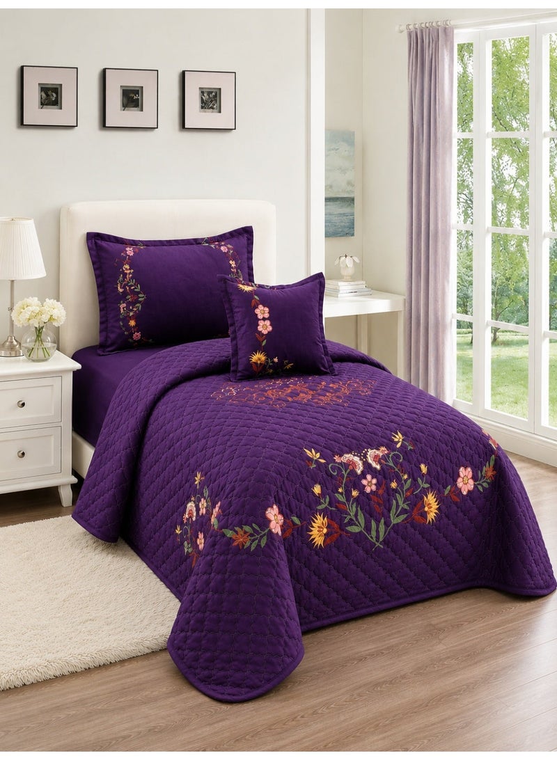 Sleep Night Floral Compressed 4Pcs Comforter Set, Single Size 160 X 210 Cm All Season Reversible Bedding Set, Geometric Quilted Stitching Design Purple - Image 3