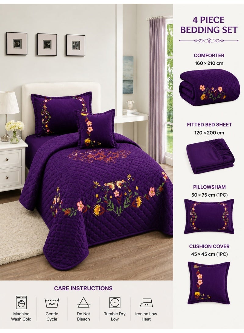 Sleep Night Floral Compressed 4Pcs Comforter Set, Single Size 160 X 210 Cm All Season Reversible Bedding Set, Geometric Quilted Stitching Design Purple - Image 2