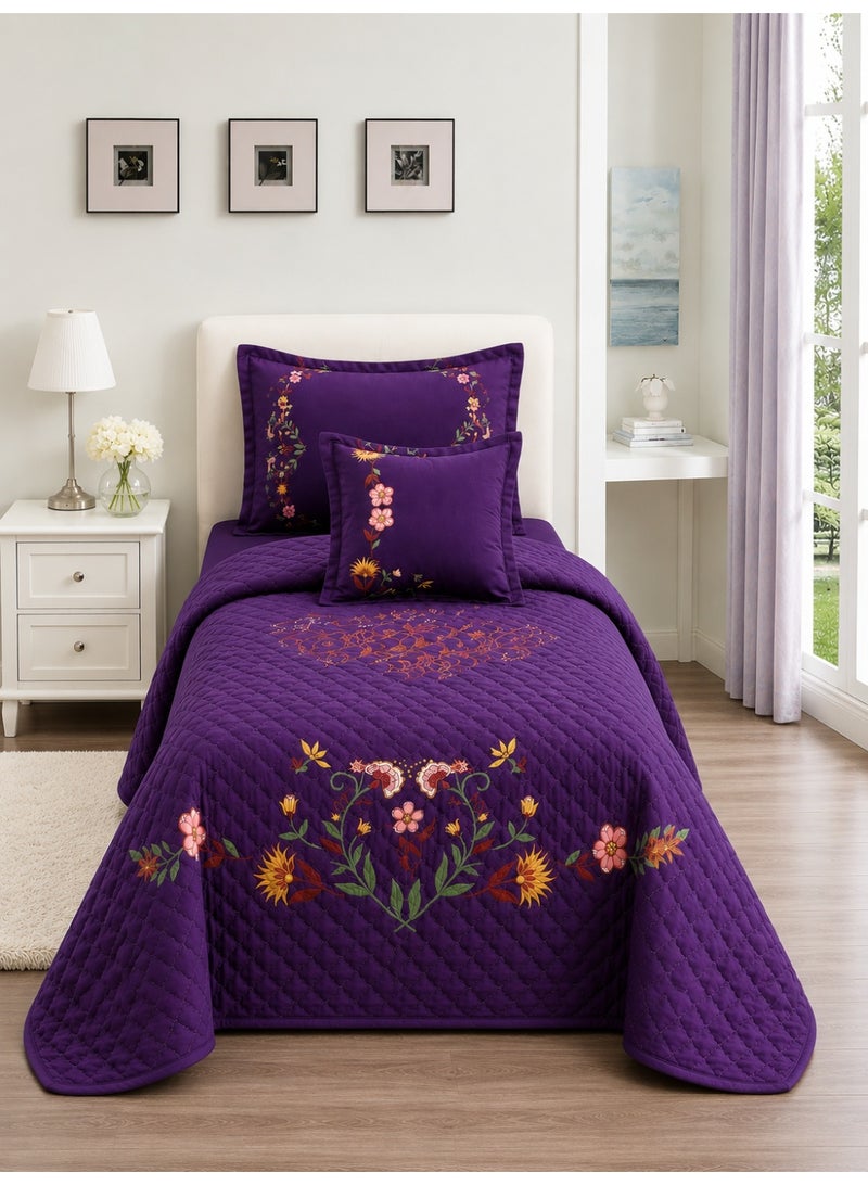 Sleep Night Floral Compressed 4Pcs Comforter Set, Single Size 160 X 210 Cm All Season Reversible Bedding Set, Geometric Quilted Stitching Design Purple - Image 1