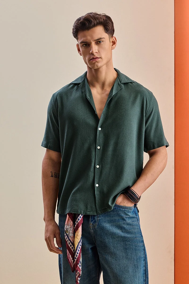 SNITCH Dark Green Textured Half Sleeve Boxy Shirt