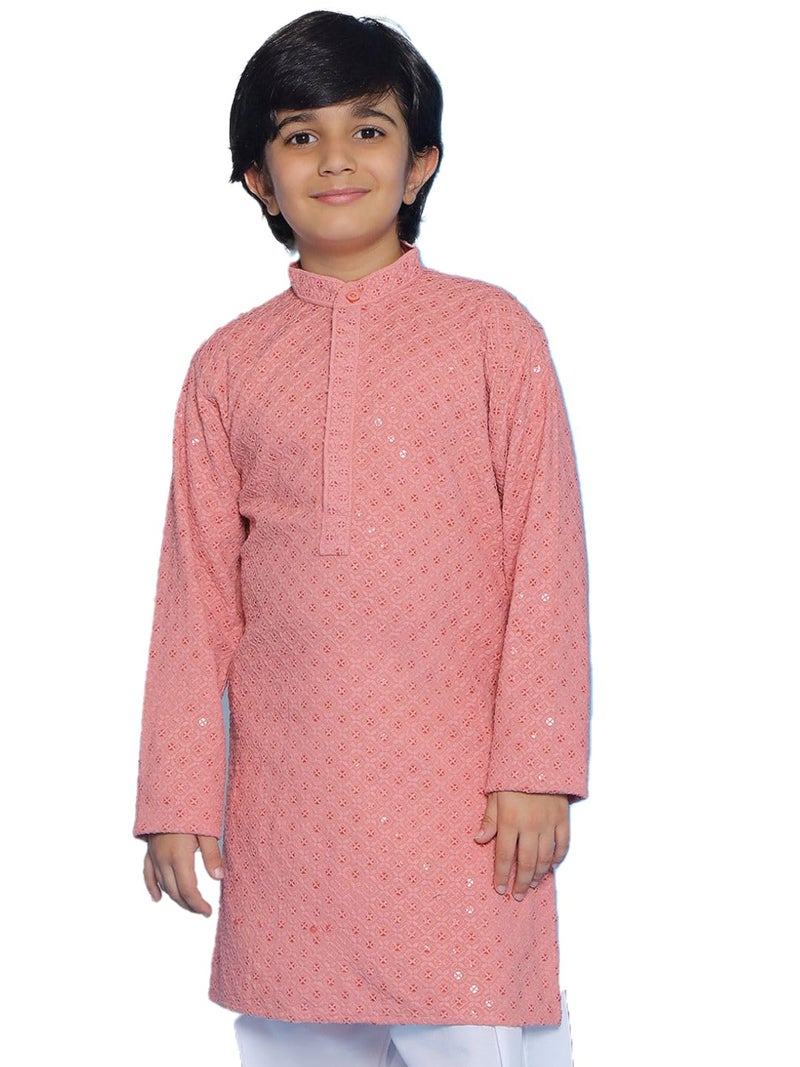 AJ DEZINES Kids Cotton Full Sleeve Sequined Peach Kurta for Boys - Ethnic wear | Special Occasion & Party Outfit | Chikankari Kurta for boys - Regular Fit - Image 1