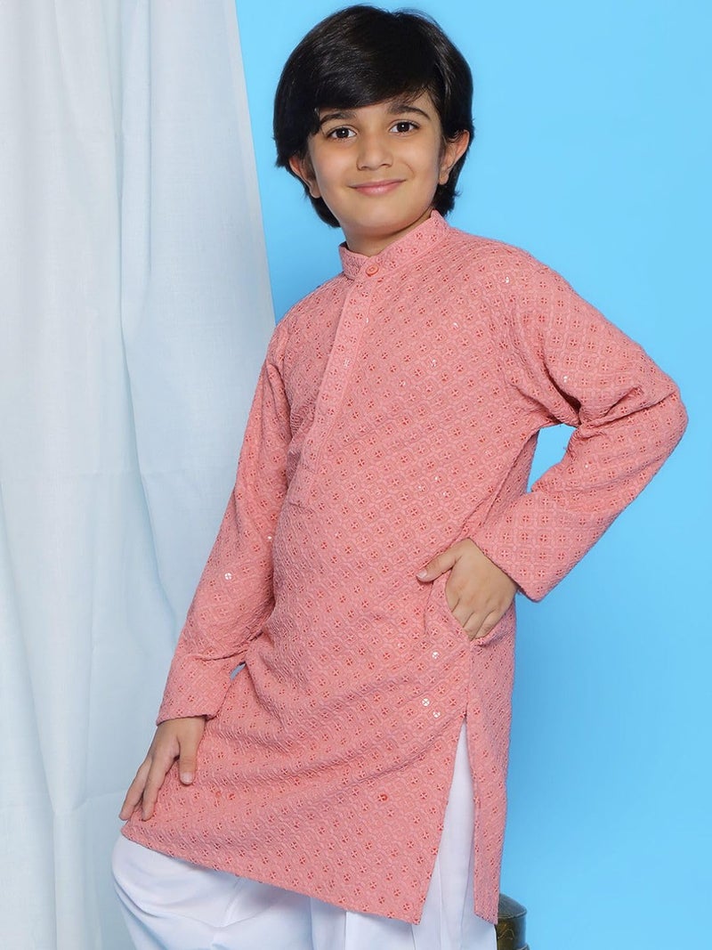 AJ DEZINES Kids Cotton Full Sleeve Sequined Peach Kurta for Boys - Ethnic wear | Special Occasion & Party Outfit | Chikankari Kurta for boys - Regular Fit - Image 5