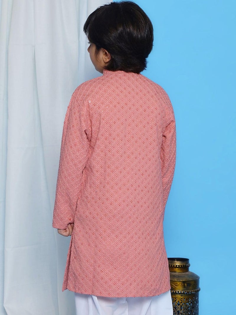 AJ DEZINES Kids Cotton Full Sleeve Sequined Peach Kurta for Boys - Ethnic wear | Special Occasion & Party Outfit | Chikankari Kurta for boys - Regular Fit - Image 3