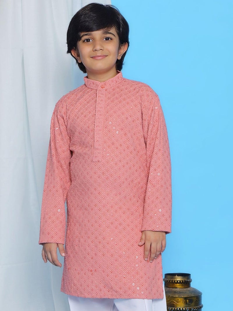 AJ DEZINES Kids Cotton Full Sleeve Sequined Peach Kurta for Boys - Ethnic wear | Special Occasion & Party Outfit | Chikankari Kurta for boys - Regular Fit - Image 2