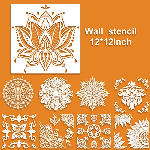 Juome 9 Pack (12x12 Inch) Large Reusable Stencil Mandala Stencil Laser Cut Painting Template for Floor Wall Tile Fabric Furniture Stencils Painting - Image 2