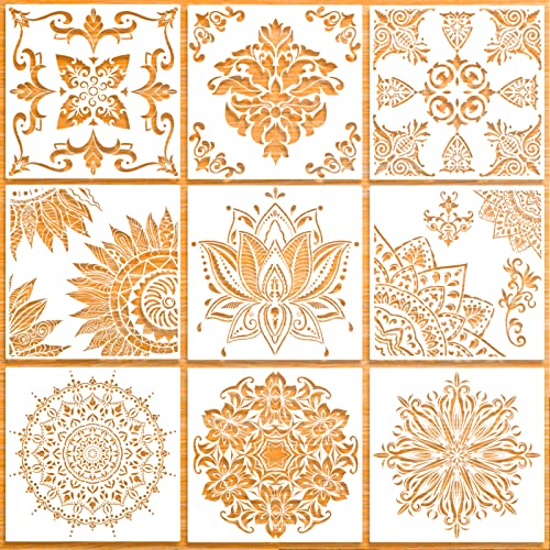 Juome 9 Pack (12x12 Inch) Large Reusable Stencil Mandala Stencil Laser Cut Painting Template for Floor Wall Tile Fabric Furniture Stencils Painting - Image 1