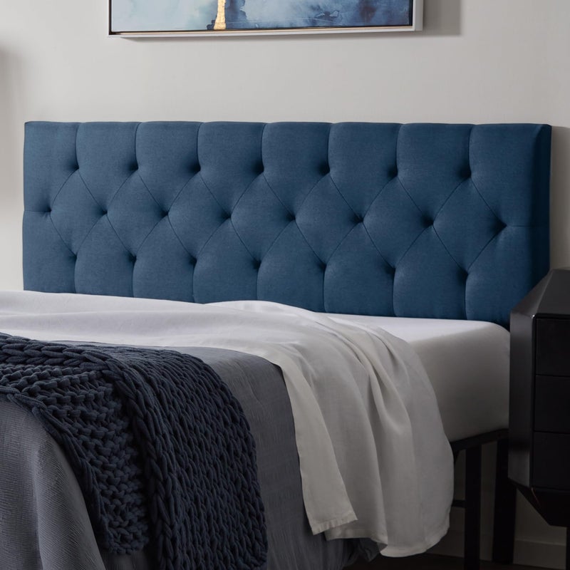 Lucid Mid-Rise Upholstered Headboard - Diamond Tufted - Padded Polyester - Adjustable Height from 34â€ to 46â€ - Easy Assembly - Bed Frame or Wall Mount - Sturdy - Cobalt - Queen Size - Image 1