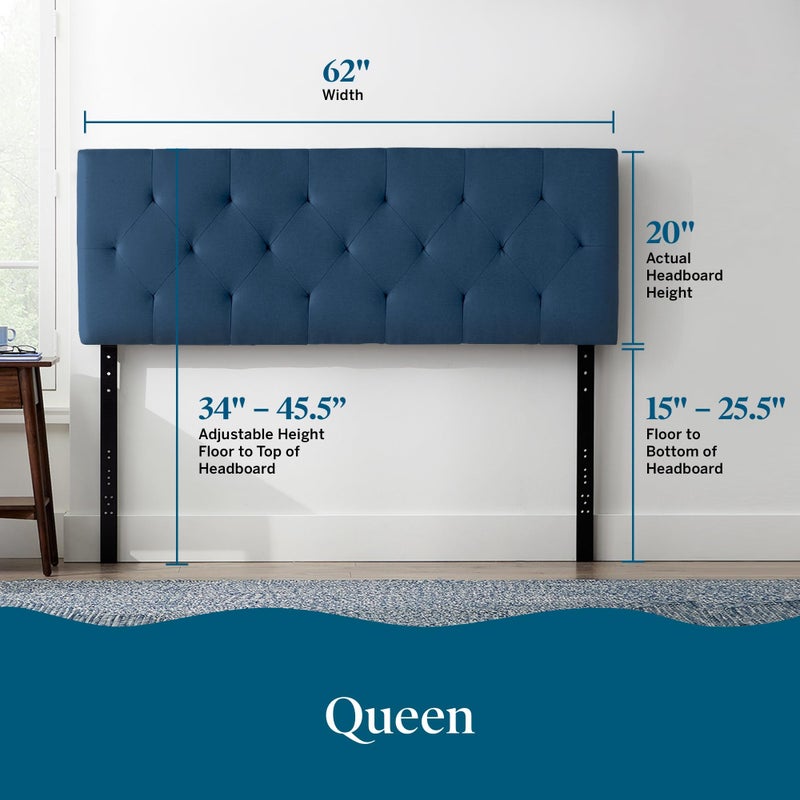 Lucid Mid-Rise Upholstered Headboard - Diamond Tufted - Padded Polyester - Adjustable Height from 34â€ to 46â€ - Easy Assembly - Bed Frame or Wall Mount - Sturdy - Cobalt - Queen Size - Image 2
