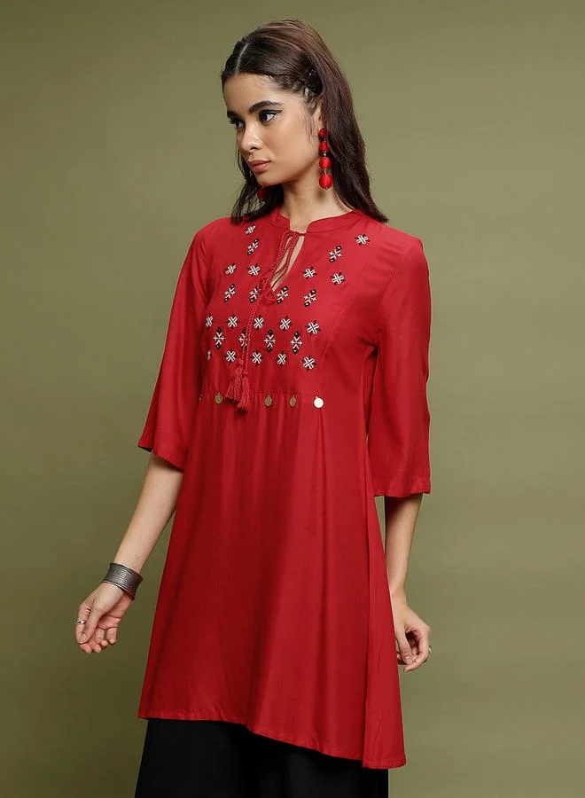 فيشود Printed Tie Up Neck Longline Tunic Top by Styli
