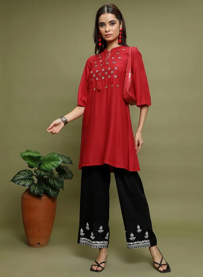 فيشود Printed Tie Up Neck Longline Tunic Top by Styli