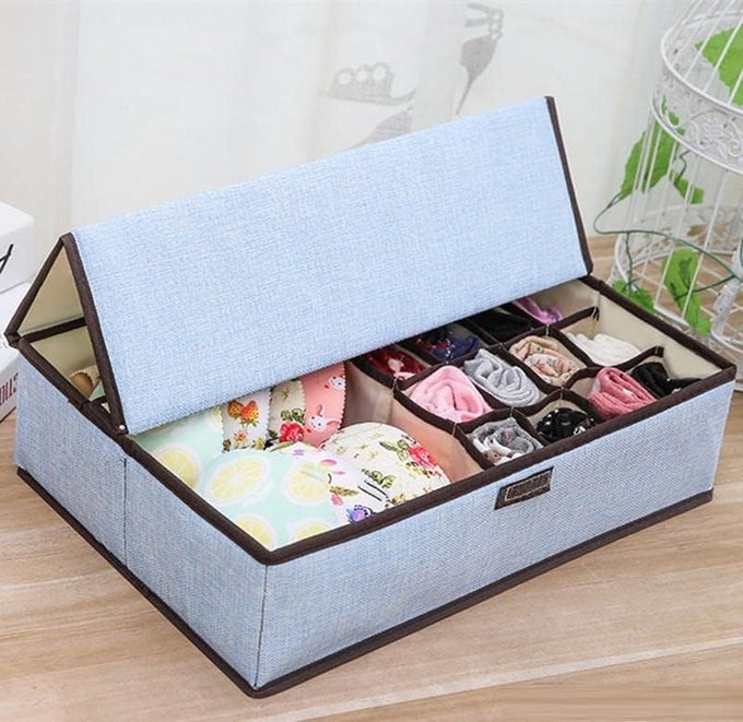 UNDERGARMENTS STORAGE BOX WITH LID WARDROBE DRAWER DIVIDER ORGANIZER COLLAPSIBLE CLOSET STORAGE FOR INNERWEAR BRA PANTY SOCKS TIE SCARF 1PCS PLAIN LIGHT BLUE