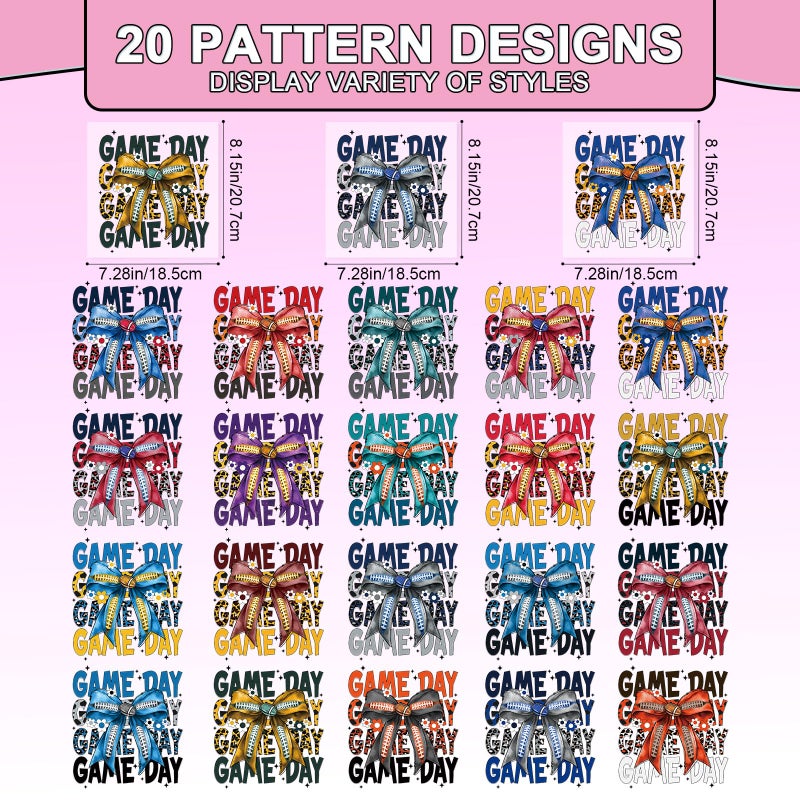Shejdgart Dtf Transfers Ready to Press - 20 Pcs Football Bow Iron on Patches for T-Shirts, Colorful Sports Game Iron on Stickers Heat Transfer Vinyl Decals for DIY Fabric Clothes Decor - Image 2