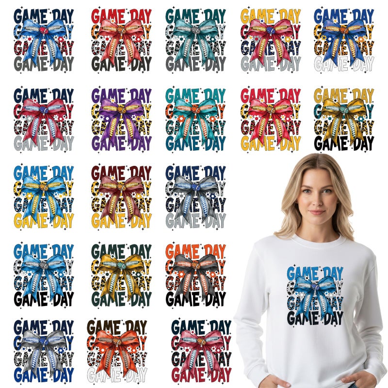 Shejdgart Dtf Transfers Ready to Press - 20 Pcs Football Bow Iron on Patches for T-Shirts, Colorful Sports Game Iron on Stickers Heat Transfer Vinyl Decals for DIY Fabric Clothes Decor - Image 1