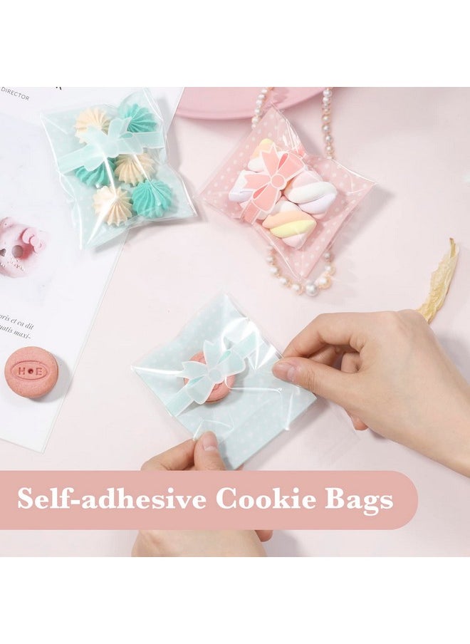 NUOMI 200Pcs Self Adhesive Pink Cookie Bags, Resealable Cookie Treat Cellophane Bags For Gift Giving, 3.9"X3.1" Poly Bags Good For Bakery Candle Soap Candy, Pink&Green Polka Dots With Bow Decoration  - Image 5