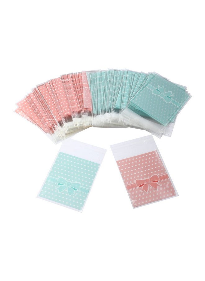 NUOMI 200Pcs Self Adhesive Pink Cookie Bags, Resealable Cookie Treat Cellophane Bags For Gift Giving, 3.9"X3.1" Poly Bags Good For Bakery Candle Soap Candy, Pink&Green Polka Dots With Bow Decoration  - Image 1