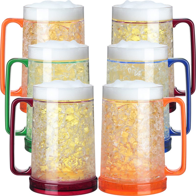 Freezer Beer Mugs with Gel 16oz Double Wall Insulated Mug Plastic Mugs with Handles Freezer Mug for Beer Clear Double Wall Gel Freezer Mugs for BBQs and Parties RedOrangeBlueGreen 6 Pcs