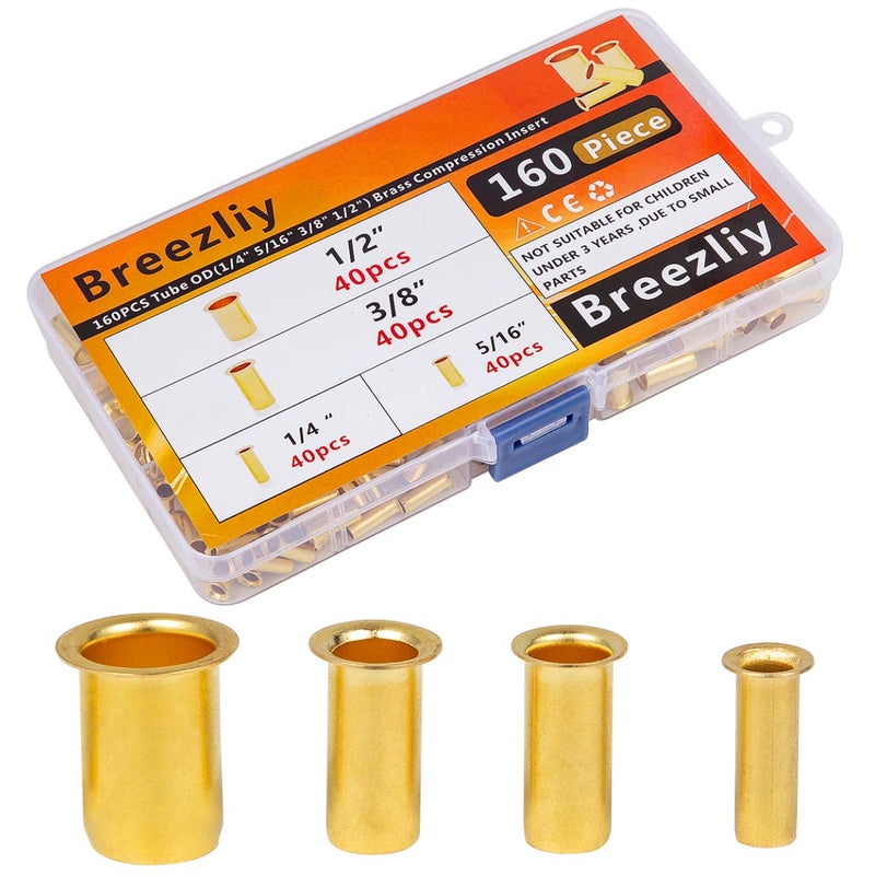 Breezliy 160Pcs Tube Od(1/4"" 5/16'' 3/8"" 1/2"") Brass Compression Insert Brass Compression Fitting Assortment Kit  Insert Tube Support Compression Sleeve Fitting - Image 2