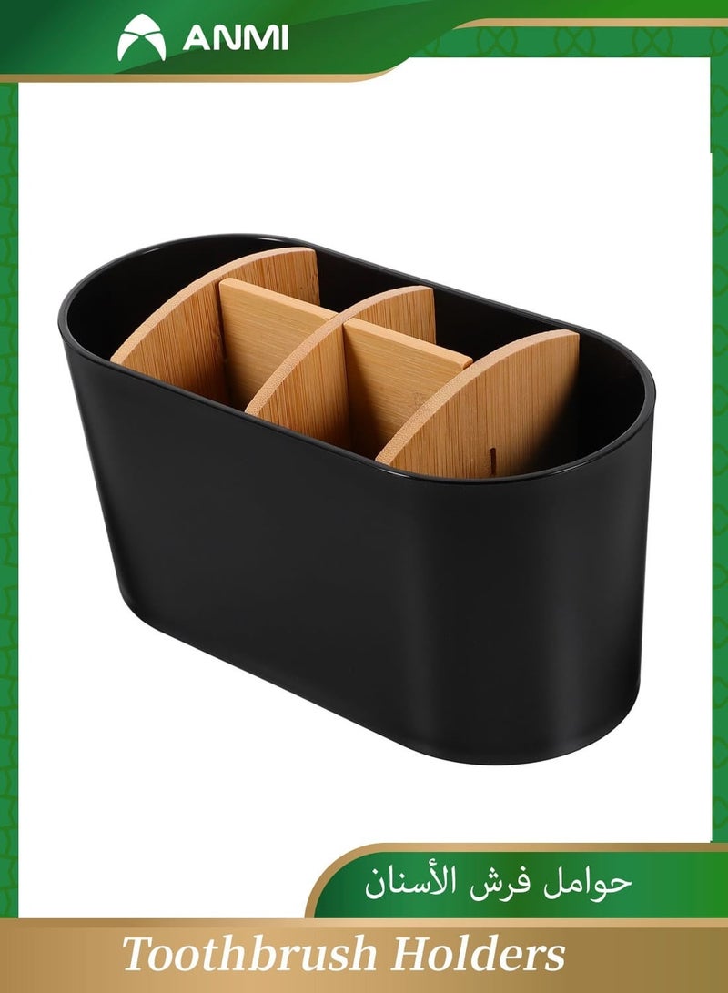 أنمي حوامل فرش الأسنان للحمامات، حامل فرش أسنان من الخيزران بـ 6 فتحات، منظم طاولة حمام لفرش الأسنان الكهربائية، معجون الأسنان، أمواس الحلاقة - أسود - Image 1