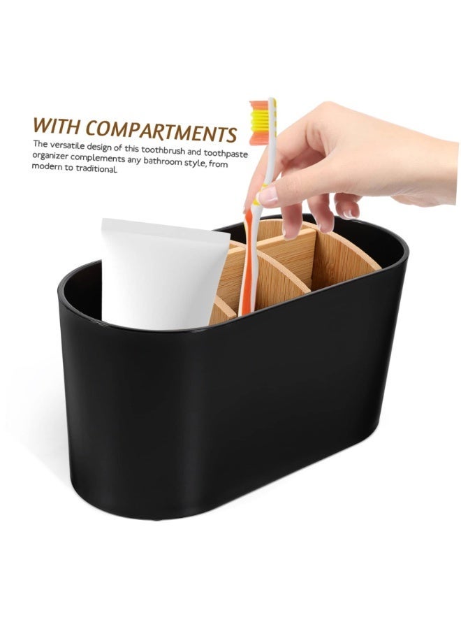 أنمي حوامل فرش الأسنان للحمامات، حامل فرش أسنان من الخيزران بـ 6 فتحات، منظم طاولة حمام لفرش الأسنان الكهربائية، معجون الأسنان، أمواس الحلاقة - أسود - Image 5