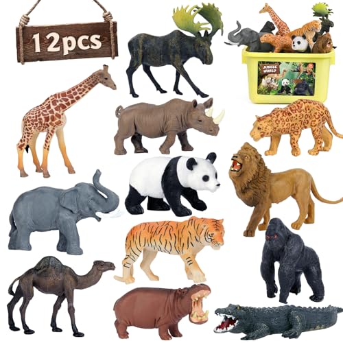 Mini Tudou Safari Animal Toys Figures, 12 PCS Realistic Jumbo Wild Jungle Animals Figurines, Large African Zoo Animal Playset with Lion,Elephant,Giraffe, Plastic Animal Learning Toys for Kids Toddlers Boys - Image 1
