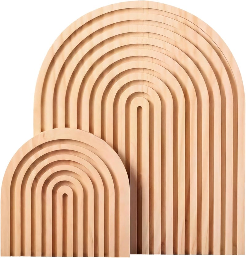 2-Piece Wooden Serving Trays, Handcrafted Pine Wood with Grooved Rainbow Arch Design, Ideal for Cake & Bread Display, Kitchen Counter Decor - Image 1