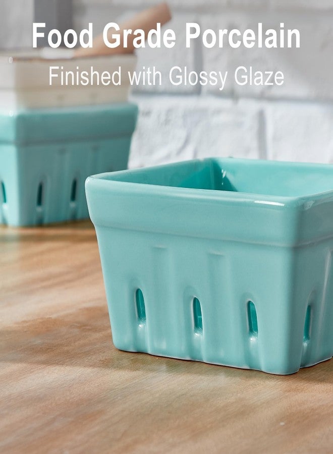 ONEMORE Berry Basket Ceramic Berry Bowls with Holes Square Fruit Bowl Berry Colander Containers for Fridge - 5.8" Fruit Basket for Kitchen Décor, Set of 2, Mint Green - Image 4