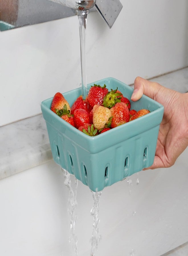 ONEMORE Berry Basket Ceramic Berry Bowls with Holes Square Fruit Bowl Berry Colander Containers for Fridge - 5.8" Fruit Basket for Kitchen Décor, Set of 2, Mint Green - Image 5