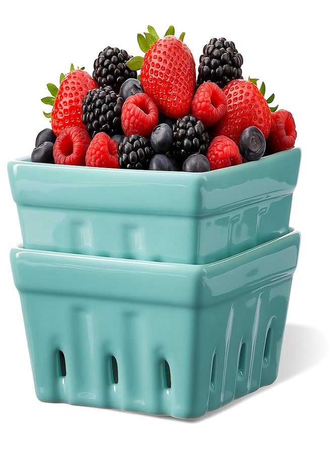 ONEMORE Berry Basket Ceramic Berry Bowls with Holes Square Fruit Bowl Berry Colander Containers for Fridge - 5.8" Fruit Basket for Kitchen Décor, Set of 2, Mint Green - Image 1