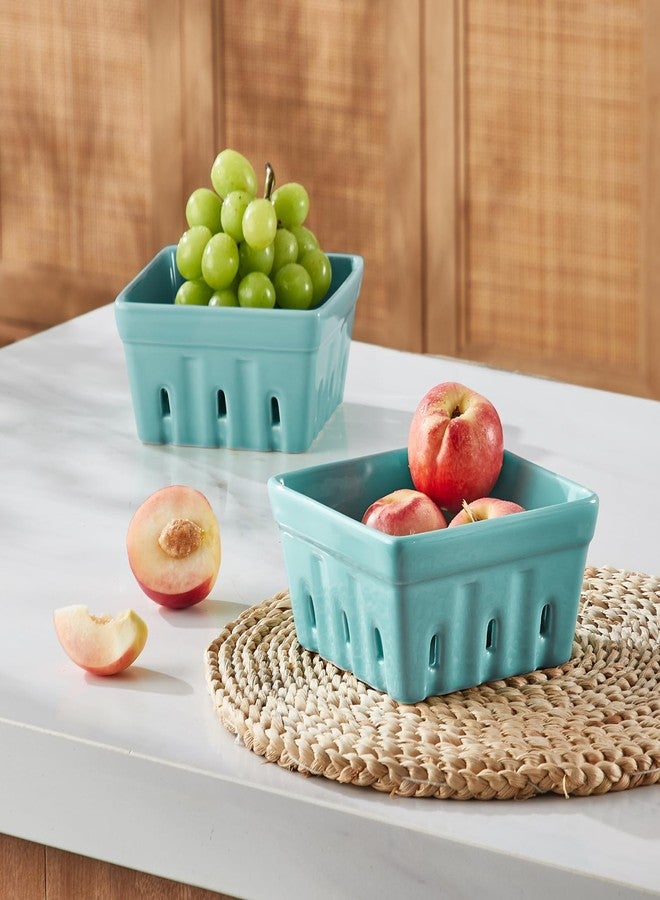 ONEMORE Berry Basket Ceramic Berry Bowls with Holes Square Fruit Bowl Berry Colander Containers for Fridge - 5.8" Fruit Basket for Kitchen Décor, Set of 2, Mint Green - Image 2