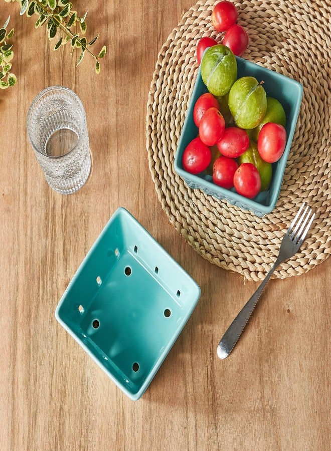 ONEMORE Berry Basket Ceramic Berry Bowls with Holes Square Fruit Bowl Berry Colander Containers for Fridge - 5.8" Fruit Basket for Kitchen Décor, Set of 2, Mint Green - Image 3