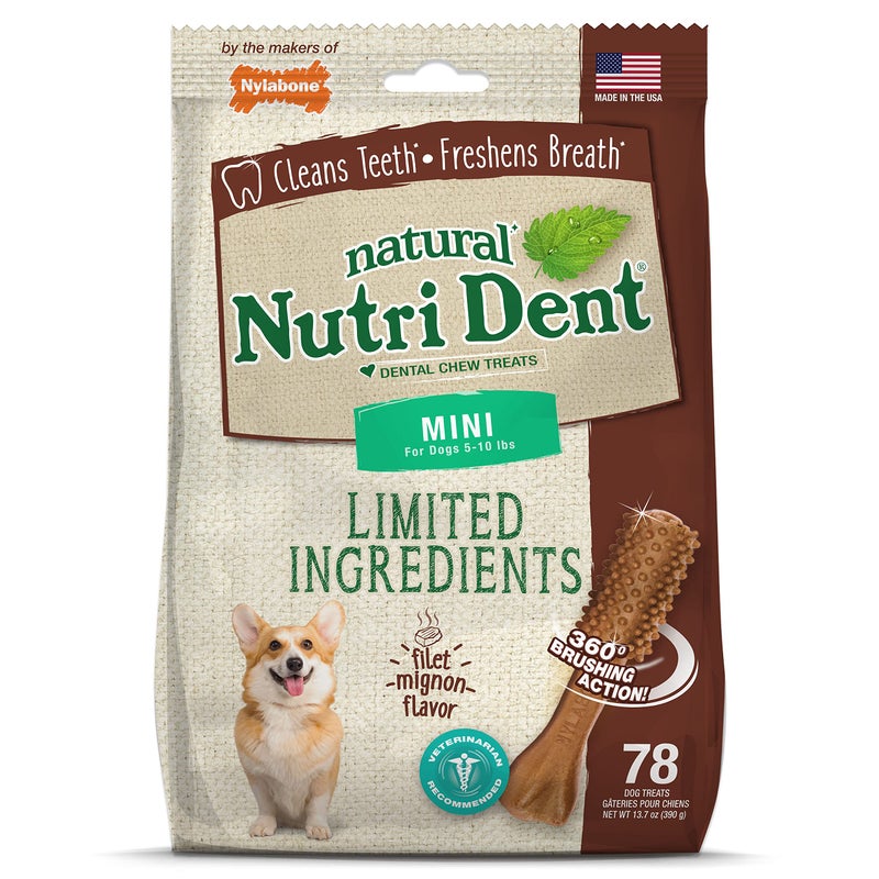 Nylabone Nutri Dent Dog Dental Treats - Natural Dog Teeth Cleaning & Breath Freshener - Dental Treats for Dogs - Filet Mignon Flavor, Mini (78 Count) - Image 1