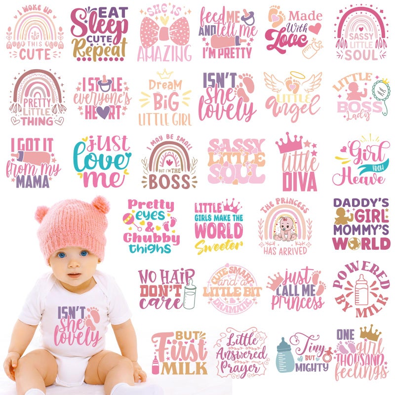 Dazoratix Baby Iron on Transfers - 30 Pcs Pink Ready to Press Heat Transfer Vinyl Stickers Onesie Decorating Kit Bodysuit Patches for Girl Shower Gender Reveal Party T-Shirts Hat DIY Crafts - Image 1