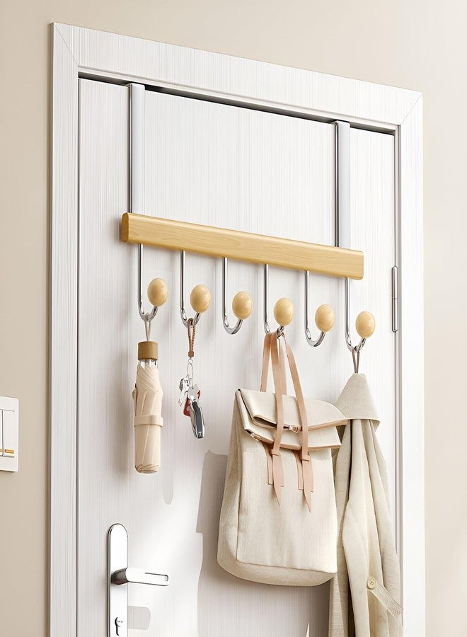 AARUX Wooden Door Mounted Clothes Hanger with 6 Hooks, Over The Door Hook Rack for Coats, Towels, Hats & Bags, Heavy Duty Wood & Metal Organizer for Bedroom, Bathroom, Closet – No Drill Installation - Image 1