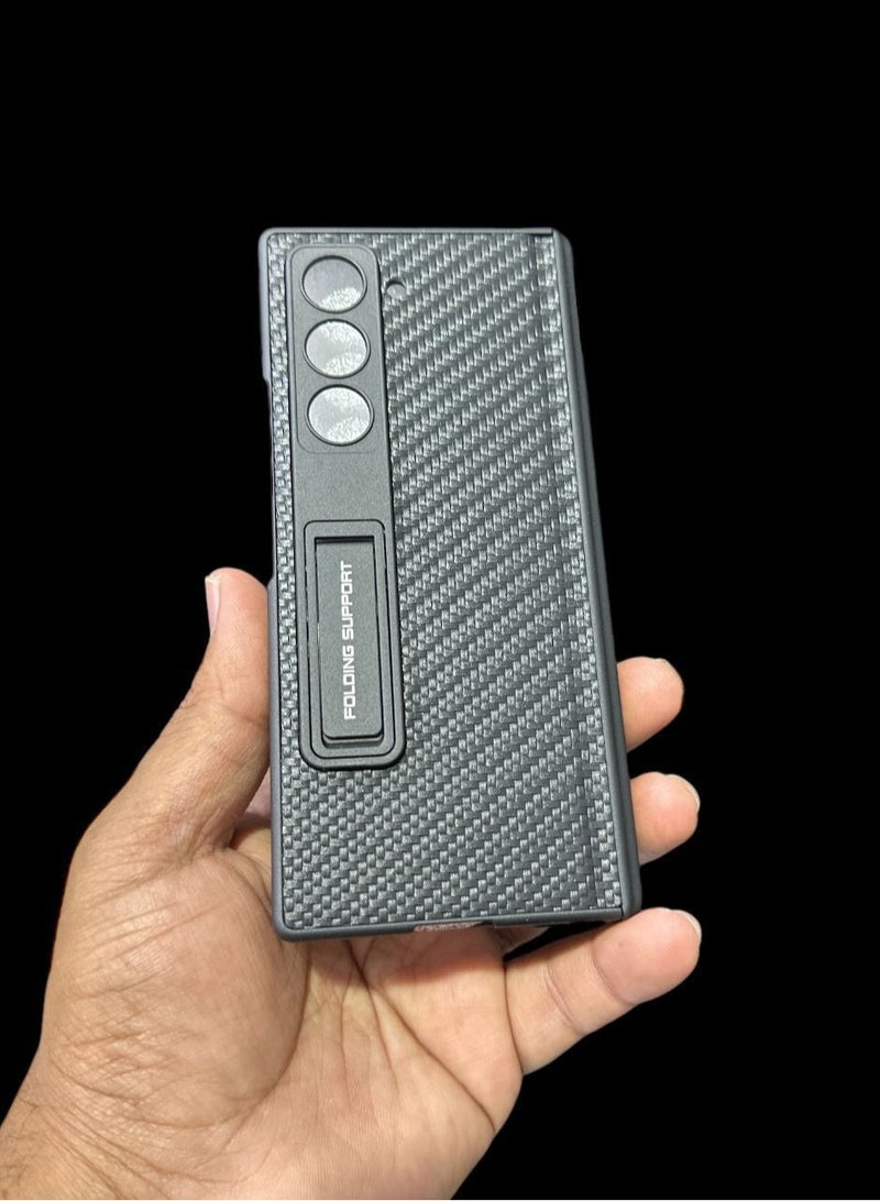Samsung Galaxy Z Fold 5 Magnetic Hinge Foldable Shell with Kickstand, Ultra Slim Protective Cover - Carbon Fiber - Image 2
