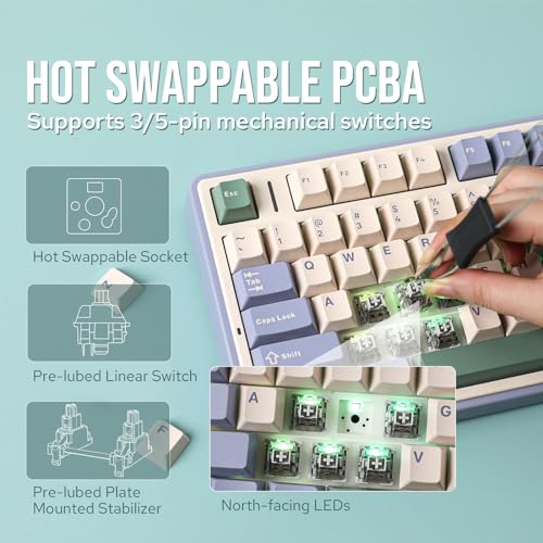 EPOMAKER x Aula F75 Gasket Mechanical Keyboard, 75% Wireless Hot Swappable Gaming Keyboard with Five-Layer Padding&Knob, Bluetooth/2.4GHz/USB-C, RGB (Green, LEOBOG Reaper Switch) - Image 4