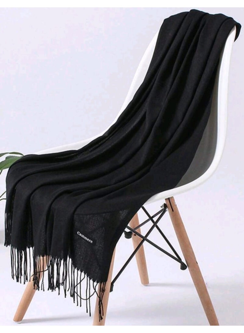 Shein 1 Pc Black Classic Tassel Lightweight Large Scarf, - Image 1