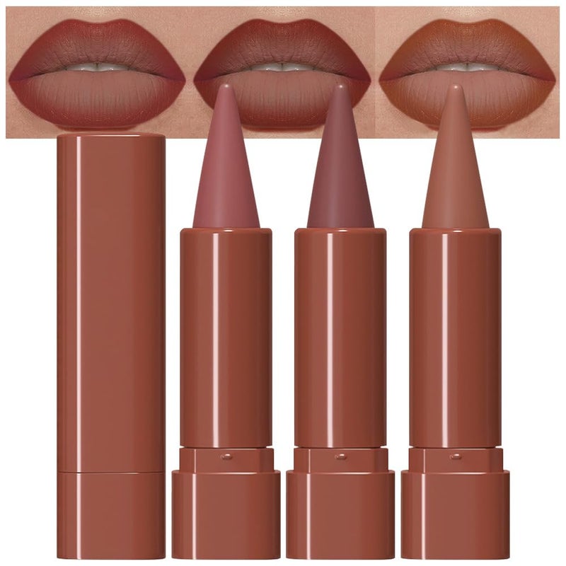 evpct 3Pcs Red Reddish Nude Brown Gradient Matte Lipstick Lip Liner Crayon Combo Pencil Set for Women Long Lasting Waterproof, Cream Lip Liner and Lipstick Combo Makeupï¼ŒFlawless Gradual Ombre Effect - Image 1