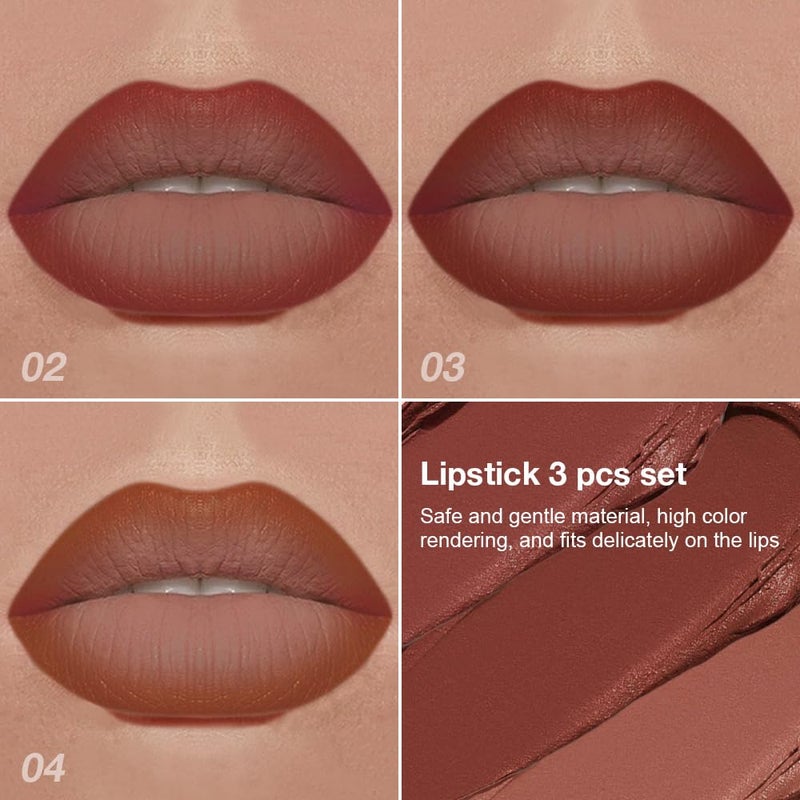 evpct 3Pcs Red Reddish Nude Brown Gradient Matte Lipstick Lip Liner Crayon Combo Pencil Set for Women Long Lasting Waterproof, Cream Lip Liner and Lipstick Combo Makeupï¼ŒFlawless Gradual Ombre Effect - Image 2