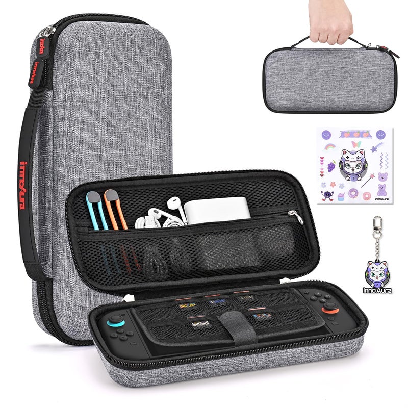 innoAura Switch 2 Carrying Case for NS Switch 2 (2025), with 9 Game Card Slots, Protective Travel Storage Case, Cute Pendant and Sticker, Gray - Image 1