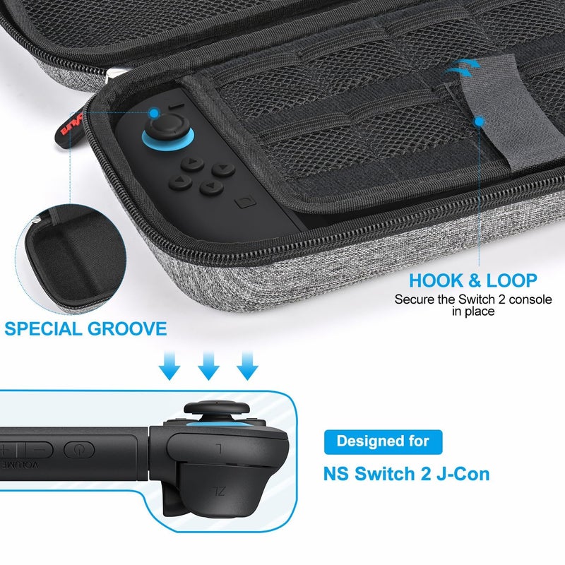 innoAura Switch 2 Carrying Case for NS Switch 2 (2025), with 9 Game Card Slots, Protective Travel Storage Case, Cute Pendant and Sticker, Gray - Image 3