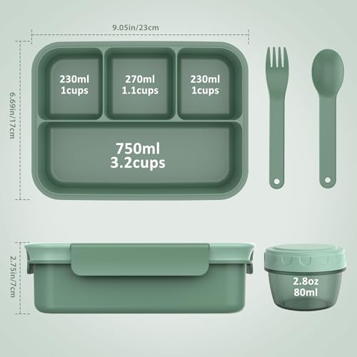 Caperci Bento Box Adult 50 oz Large Lunch Containers for Adults and Teens 4Compartment Bento Lunch Box with Utensils Leak Proof Sauce Cup Dishwasher Safe Durable BPAFree Khaki Green - Image 3